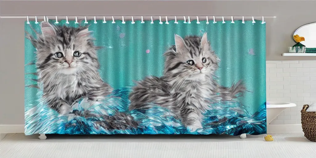 Prompt: a main coon kitten little mermaid themed shower curtain, product photography. digital art. 4 k, highly detailed.