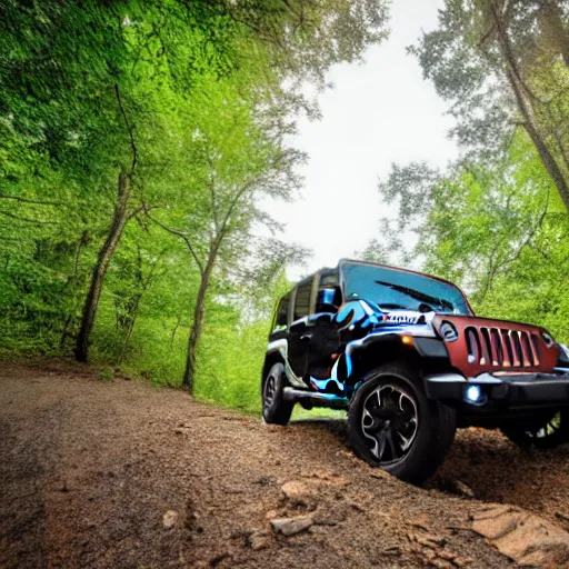 Prompt: a view from the driver side of a jeep wrangler in the woods, 4k, high detail, high-resolution photograph, professional photography, ultra-detail