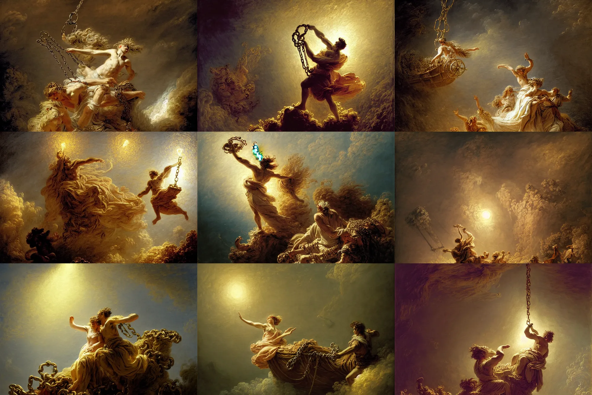 Prompt: briareus, windy, chains broken on hands, dramatic, broken anchor, stoic, modern, is ( ( with arms half lifted toward us shining light ) ). light dust, magnificent, hyperdetailed, theatrical, masterpiece, from below, 9 0 mm lens, painted by jean honore fragonard and greg rutkowski