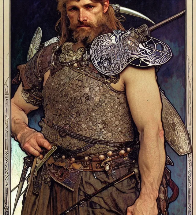 Prompt: realistic detailed face portrait of a grizzled viking warrior in heavy armor by alphonse mucha, ayami kojima, amano, greg hildebrandt, and mark brooks, male, masculine, art nouveau, neo - gothic, gothic, character concept design