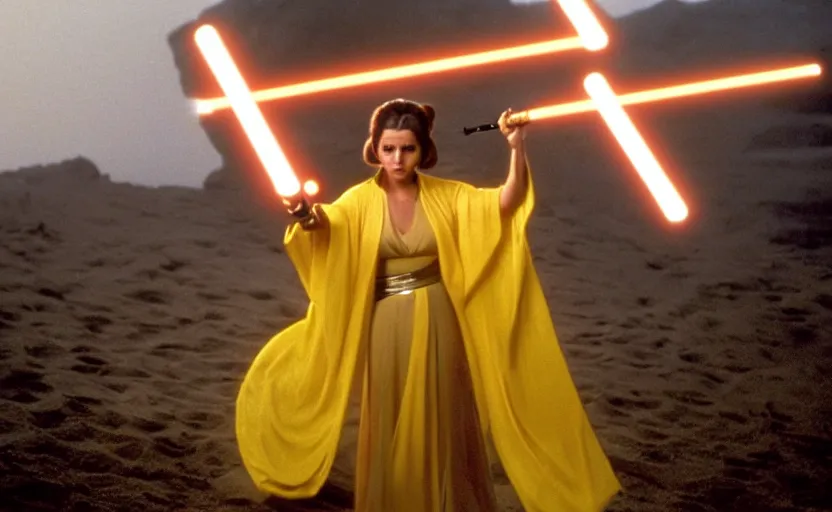 Prompt: glamour portrait of Princess Leia using yellow lightsaber on foggy beach, 1980s film directed by Stephen Speilberg, iconic scene, carrie fischer's photoreal face, stunning cinematography, hyper-detailed, sharp, anamorphic lenses, kodak color, 4k