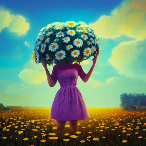 Prompt: giant daisy flower as head, full body, girl standing in a flower field, surreal photography, sunrise dramatic light, impressionist painting, colorful clouds, digital painting, artstation, simon stalenhag, flower face