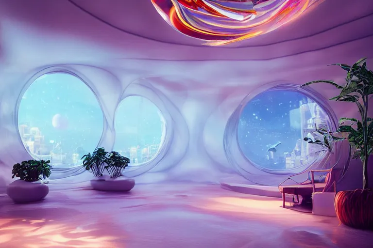 Image similar to extremely detailed awe stunning beautiful futuristic smooth curvilinear apartment interior, translucent orbs, hyper real, house plants, 8k, colorful, 3D cinematic volumetric light, atmospheric light, studio ghibli inspired, high contrast, epic composition, sci-fi, dreamlike, surreal, angelic,