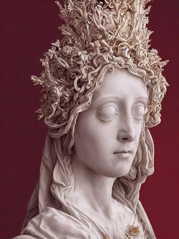 Image similar to a beautiful render of baroque catholic veiled sculpture, the red queen pieta the white queen, with symmetry intricate detailed,by LEdmund Leighton, peter gric,aaron horkey,Billelis,trending on pinterest,hyperreal,jewelry,gold,intricate,maximalist,glittering,golden ratio,cinematic lighting