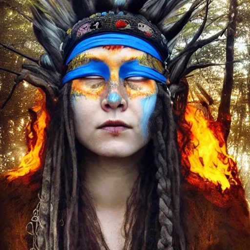 Image similar to A young blindfolded shaman woman with a decorated headband from which blood flows, in the style of heilung, blue hair dreadlocks and wood on her head. The background is a forest on fire, made by karol bak and james gurney