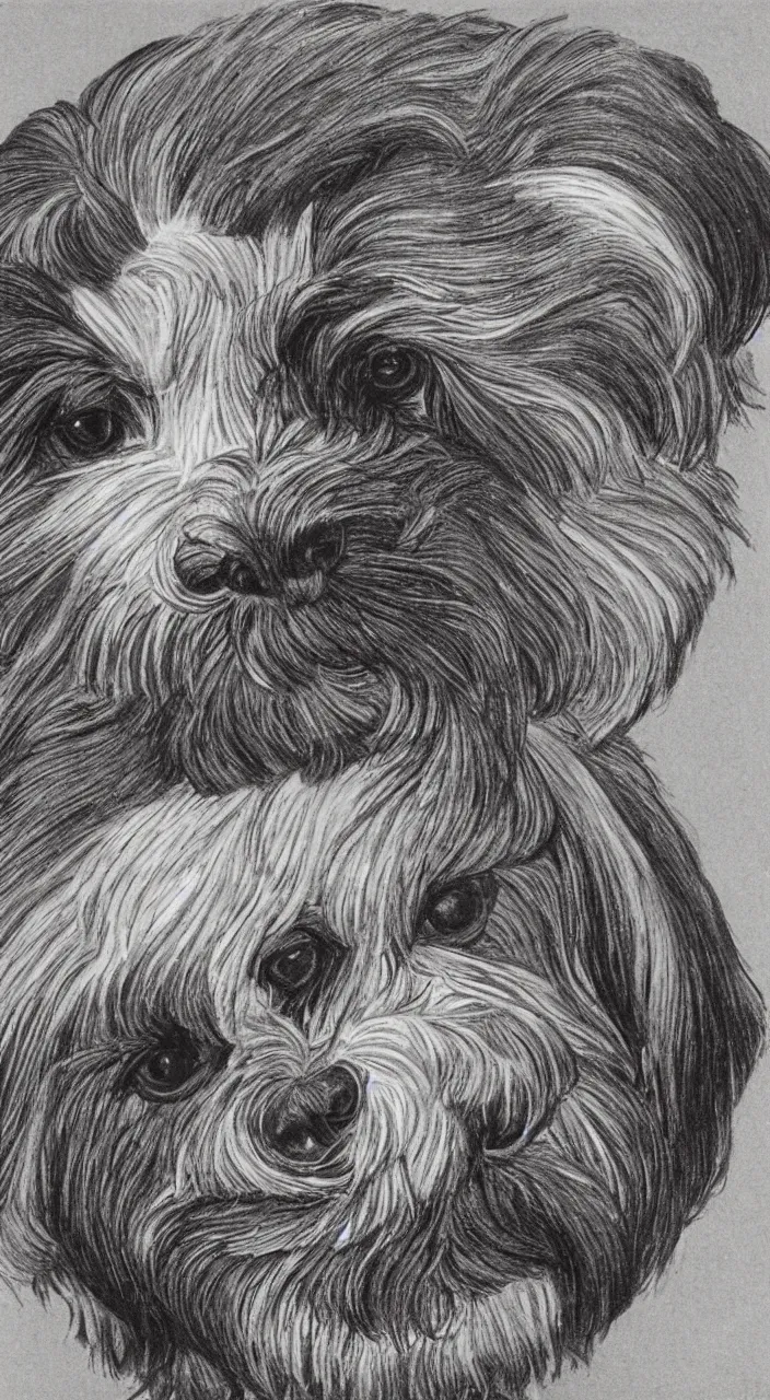 Prompt: self - portrait of a havanese dog reflected in a chrome sphere, by m c escher pen and paper