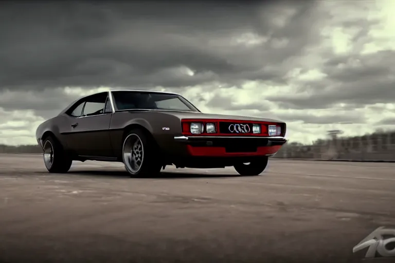 Image similar to audi camaro b 1 ( 1 9 6 9 ) drifting, phonk music background, smoke behind wheels, noise, dark, establishing shot, crow swarm