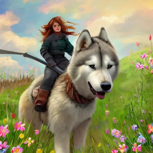 Image similar to girl riding a giant husky in a field of flowers, trending on artstation