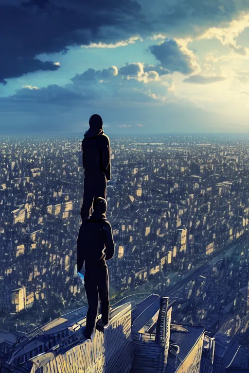 Prompt: Man in black adidas tracksuit looking atop of a urban plateau filled with soviet apartment buildings, golden hour, dreamy, beautiful clouds, ultra detailed, beautiful lighting, windy, 8k, wallpaper, cityscape, beautiful artwork by Makoto Shinkai