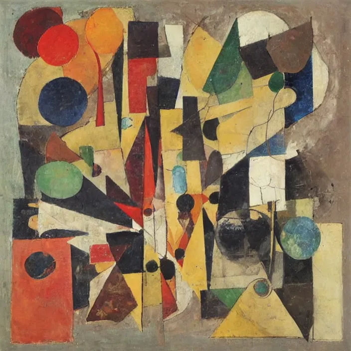 Prompt: an artwork by kurt schwitters, mix of geometric and organic shapes, both bright and earth colors, mixed media