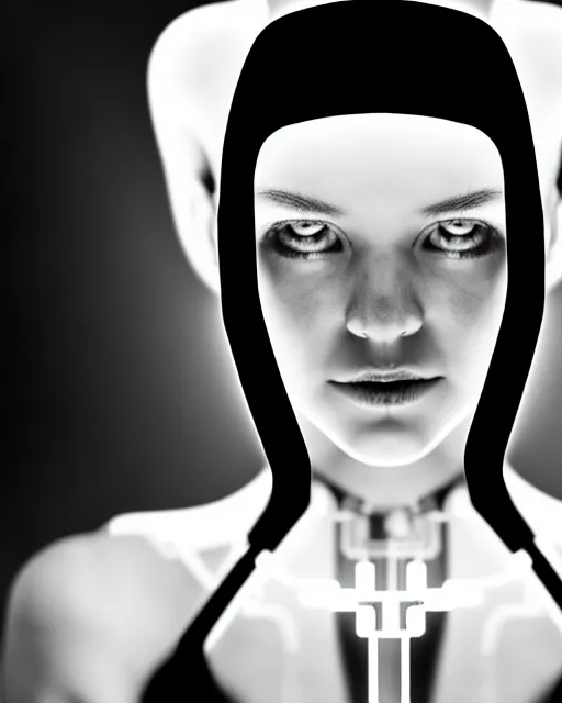Image similar to black and white artistic photo, full figure, young female cyborg, microchip, artificial intelligence, bio - mechanical bio - luminescence, black wired cables, cinematic, rim light, photo - realistic, 8 k