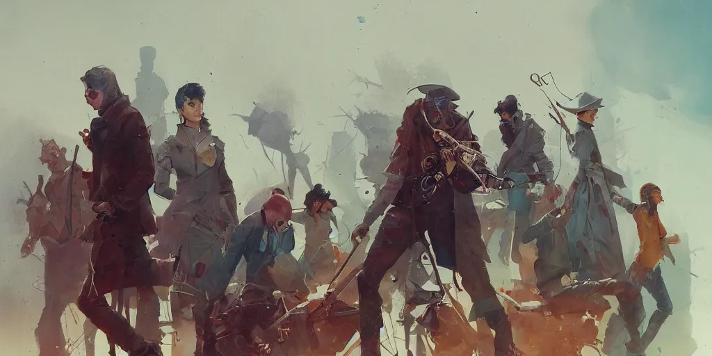 Prompt: beautiful painting of a gang, by Sergey Kolesov, Stanley Artgermm, Tom Bagshaw, Greg Rutkowski, Carne Griffiths, trending on Artstation, 8k, masterpiece, graffiti paint, dishonored, fine detail, full of color, intricate detail