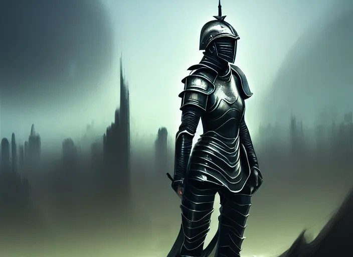 Image similar to landscape of a future city, a young english woman between the ages of 2 0 - 2 5 years, wearing armor and pointing a dagger, wearing a face full of anger. cinematic capture, dramatic condition, fine art, modern realism, sharp focus, good lighting, trending on artstation, trending on tiktok, smooth drawing, elegant, authoritative, without anomalies.