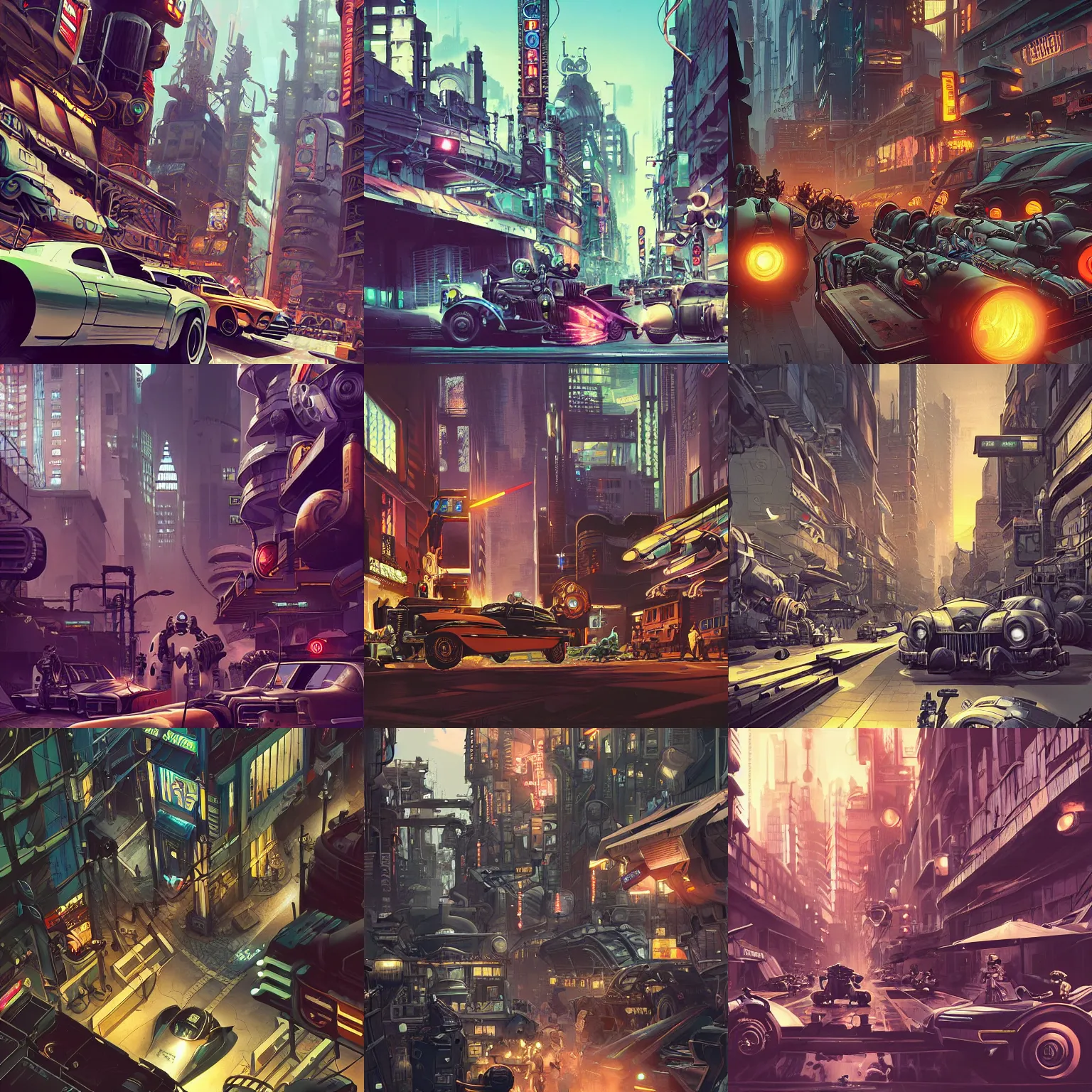 Prompt: retrofuturistic dieselpunk city street, a few cyborgs and batman, detailed, intricate, realistic, octane rendered, art by syd mead, terada katsuya, atey ghailan, joe madureira