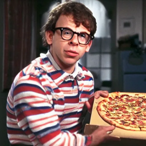 Image similar to Rick Moranis at 17 years old and the pizza delivery boy, has acne and is extremely awkward movie still, cinematic Eastman 5384 film