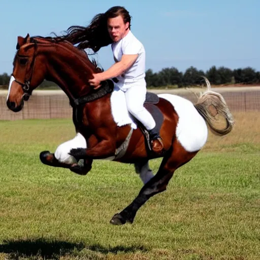 Image similar to a white boy with long brown hair in a pony tail, green eyes, jumping.