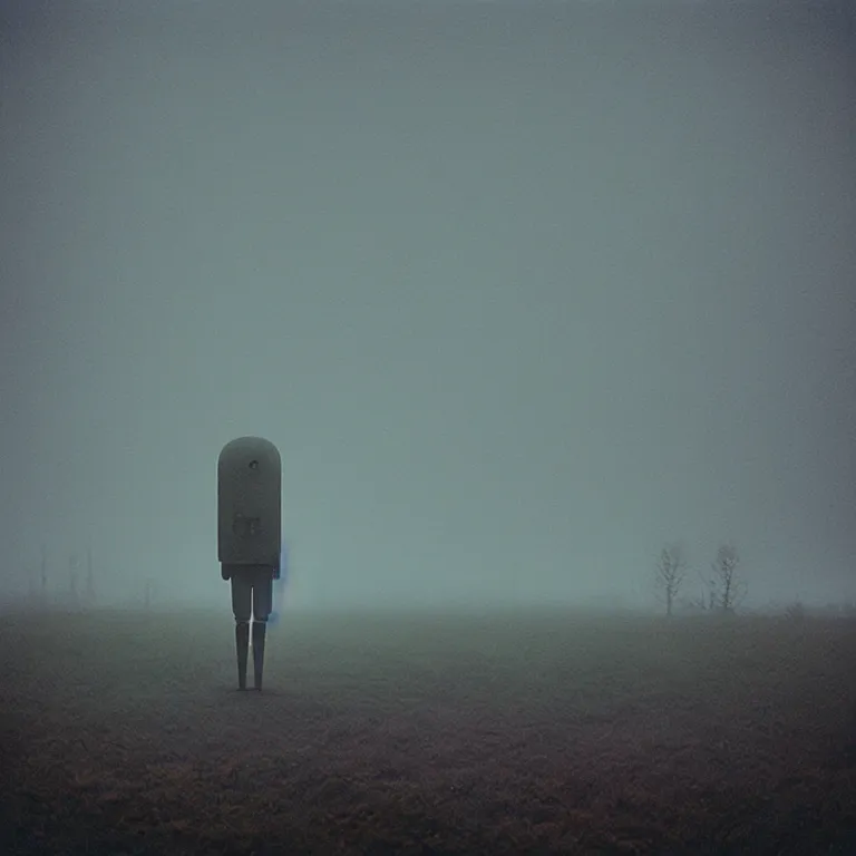 Image similar to a sole angular lanky liminal observer droid, in a brutalist yet rural landscape by simon stalenhag, 3 5 mm film photography, dawn, eerie fog