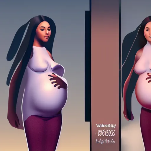 Image similar to beautiful girl with biggest pregnancy ever, full body view, symmetrical face, volumetric lighting, realistic