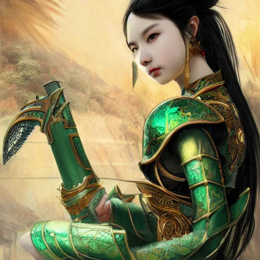 Image similar to portrait black hair young knights of Dynasty Warriors girl, metallic green armor, in ruin fire chinese palace sunrise, ssci-fi and fantasy, intricate and very beautiful and elegant, highly detailed, digital painting, soft light, artstation, concept art, smooth and sharp focus, illustration, art by tian zi and WLOP and alphonse mucha