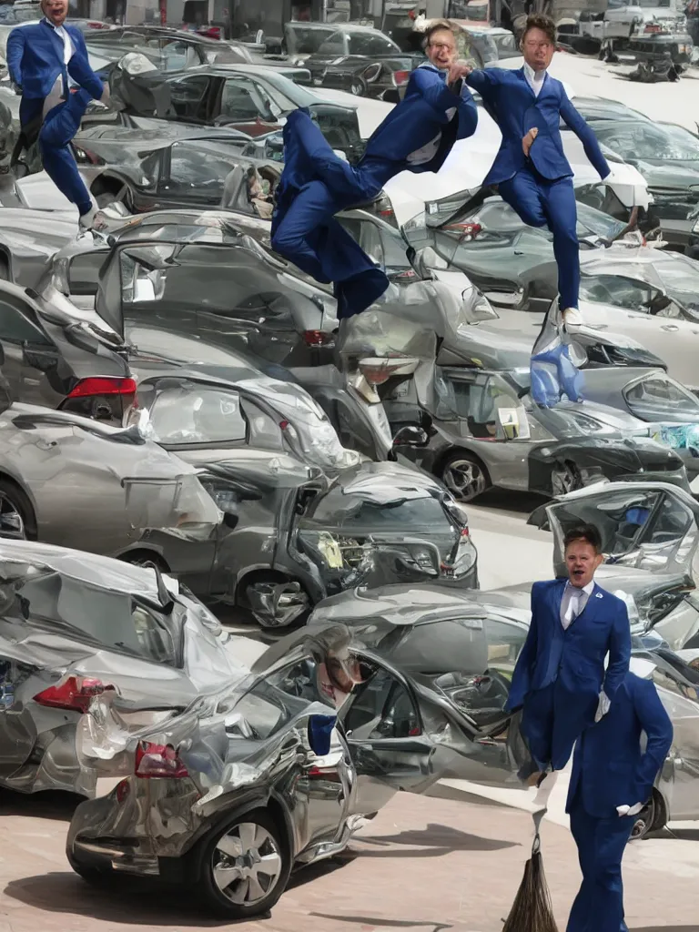 Image similar to !dream Sir Kier Starmer wearing a blue suit jumping on top of a toyota yaris