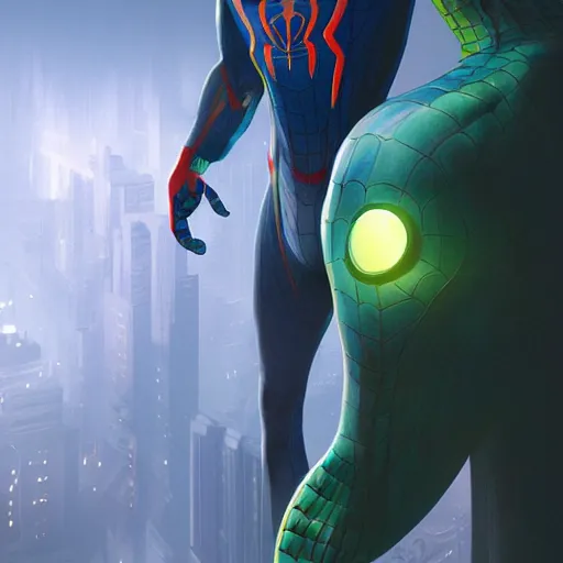 Image similar to moody atmospheric render of a cyborg spiderman with a chartreuse and teal color scheme by leon tukker