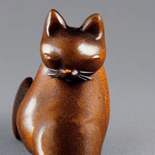 Image similar to elegant anthropomorphic cat figurine wearing a kimono, brown resin, toggles, very highly detailed, intricate, monotone, shy looking down