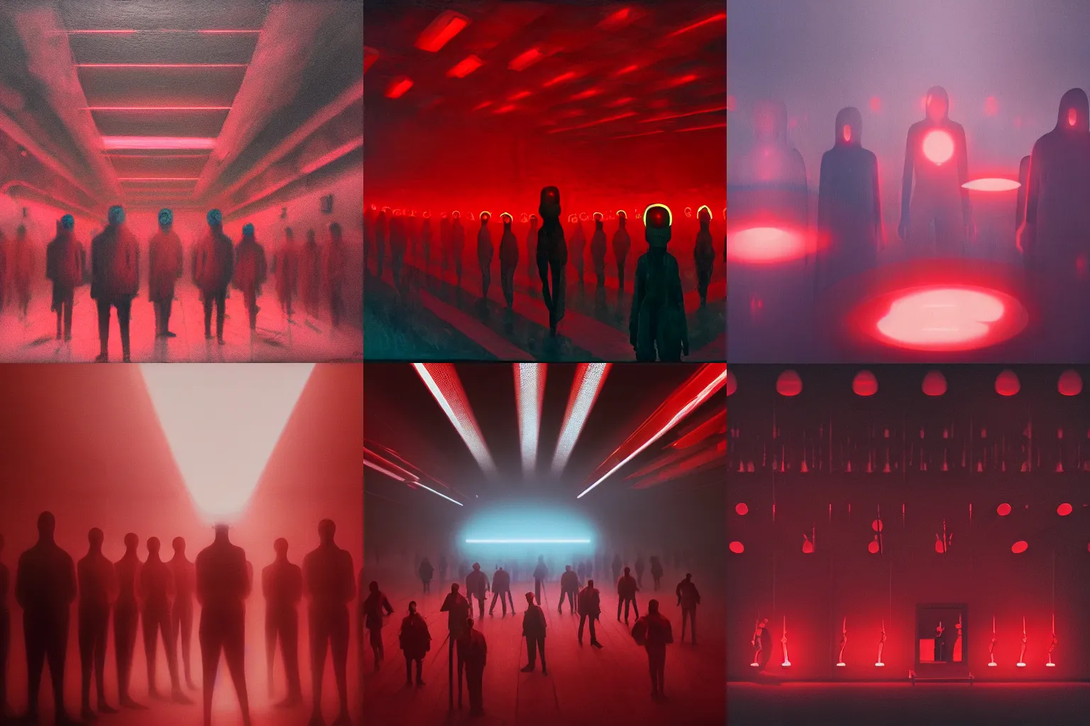 Prompt: a group of people with red lights instead of faces, in a dark room, an ultrafine detailed painting by victor mosquera, les automatistes, dystopian art, reimagined by industrial light and magic, redshift