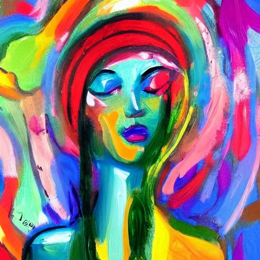 Image similar to oil painting of lilies and woman portrait in colorful abstract style