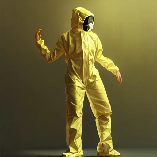 Image similar to character concept portrait of a man in a hazmat suit dancing with a voluminous woman in shirt and overalls, intricate, elegant, digital painting, concept art, smooth, sharp focus, illustration, from metal gear, by ruan jia and mandy jurgens and william - adolphe bouguereau, artgerm