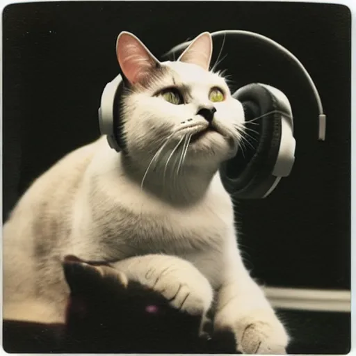 Prompt: a polaroid photo of a cat wearing headphones