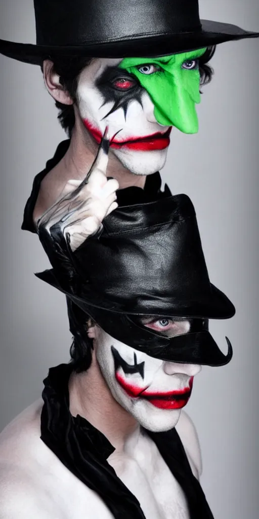 Image similar to a male model wearing a black leather hat in joker makeup, frontal view, cool looking