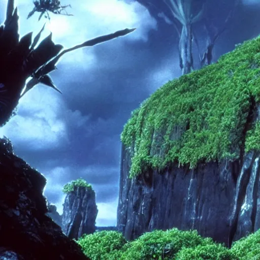 Prompt: film still of a lush natural scene on an alien planet by james cameron. beautiful landscape. weird vegetation. cliffs and water.