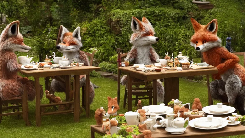 Prompt: film still from the movie chappie outdoor park plants garden scene bokeh depth of field several figures sitting down at a table having a delicious grand victorian tea party crumpets furry anthro anthropomorphic stylized fox foxes