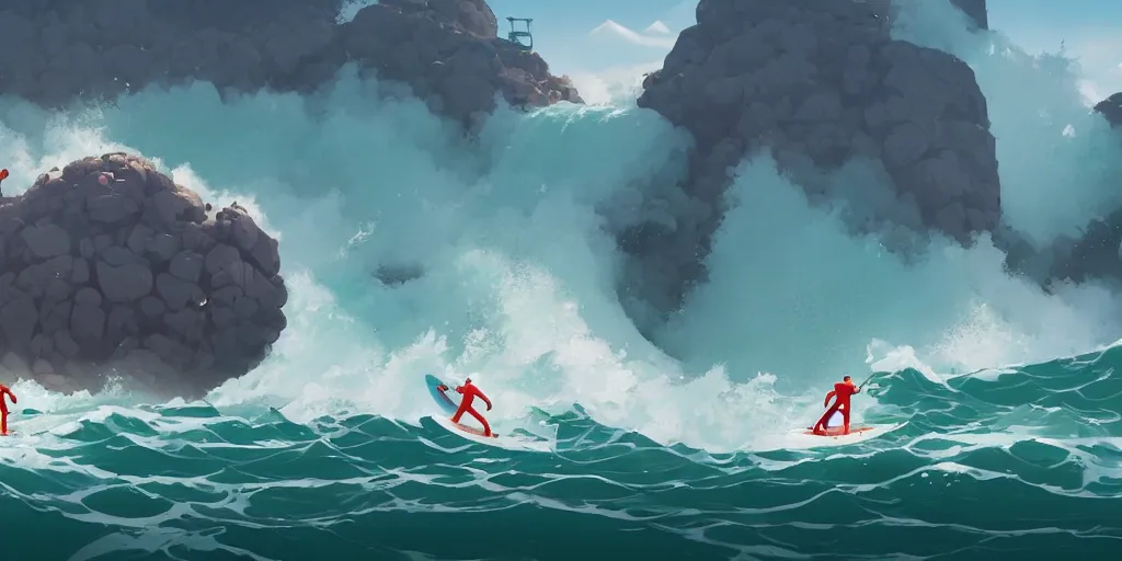 Image similar to big wave surfers by Goro Fujita and Simon Stalenhag , 8k, trending on artstation, hyper detailed, cinematic