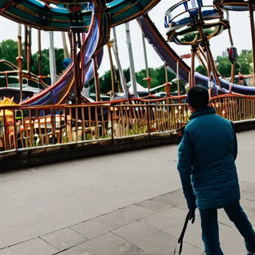 Image similar to a man walks trough a amusement park