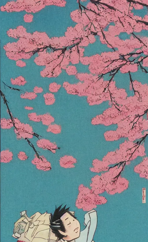 Image similar to by akio watanabe, manga art, cherry blossoms falling from top, trading card front