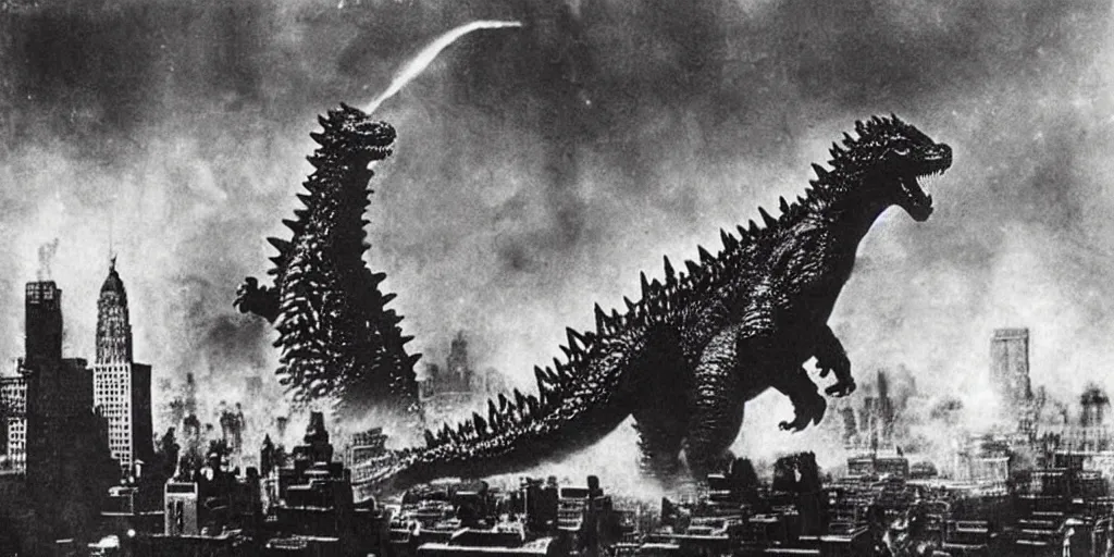 Image similar to “Godzilla attacking New York, 1900’s photo”