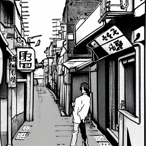 Image similar to salary man in small alley in golden gai in the 8 0 s, vaporwave nostalgia, 8 0 s anime, studio ghibli, sketched by osamu tezuka