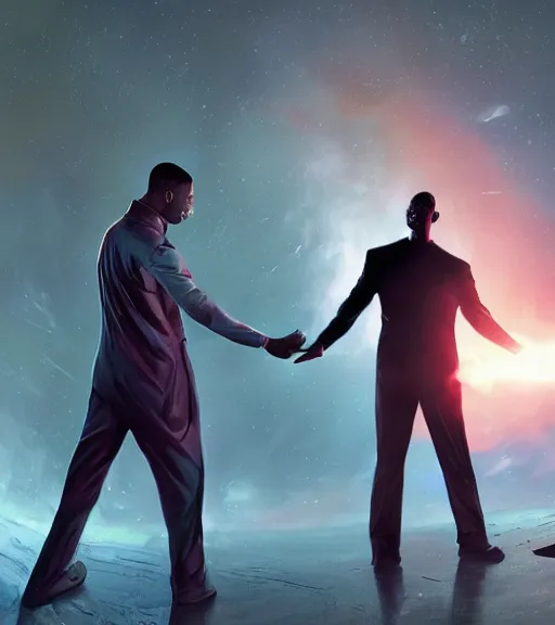 Prompt: will smith slapping elon musk, digital painting, liminal eerie midnight backlit, a picture taken by Michael Komarck and Daniel Ljunggren