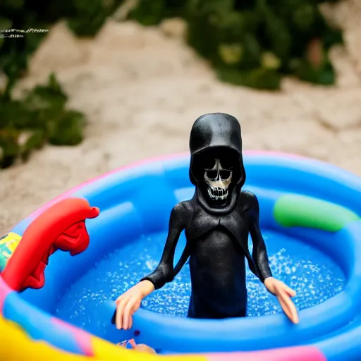 Image similar to grim reaper inside a kiddie pool, very detailed, very realistic, photograph, 5 0 mm, canon, nikon, zeiss lens, editorial, perfect composition, perfect lighting, 4 k