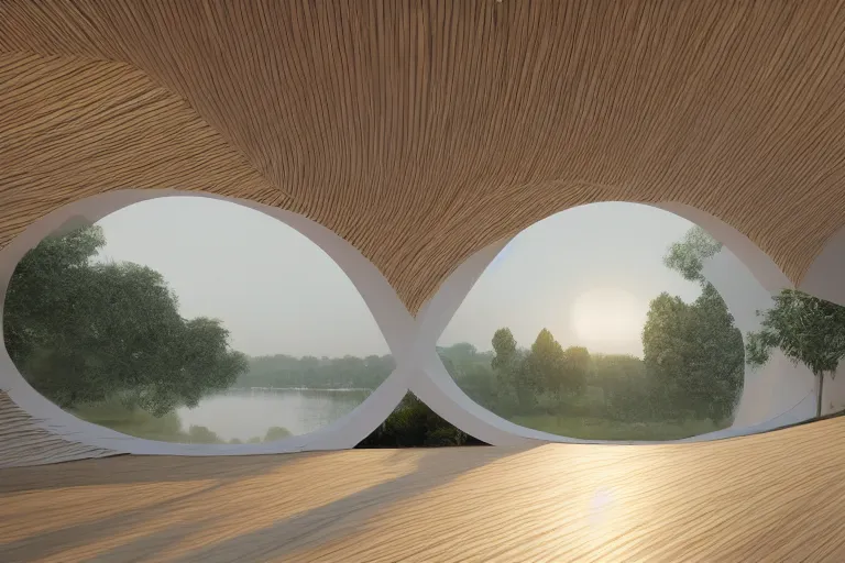 Image similar to many white round egg shaped building combinations intersect and depend on each other to form a building, by pierre bernard, on the calm lake, people's perspective, future, interior wood, dusk, unreal engine highly rendered, global illumination, radial light, internal environment