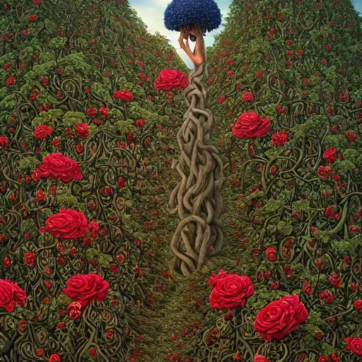 Prompt: a woman standing on a pile of vines and roses by jacek yerka, alex gray, zdzisław beksiński, dariusz zawadzki, jeffrey smith and h.r. giger, oil on canvas, 8k highly professionally detailed, trending on artstation