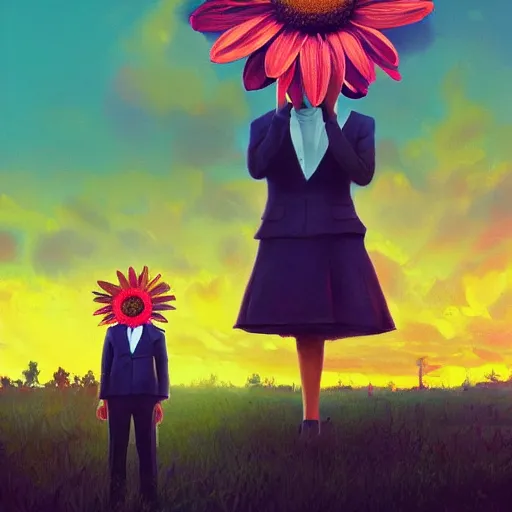 Image similar to giant daisy flower head, frontal, girl in a suit, surreal photography, sunrise, dramatic light, impressionist painting, digital painting, artstation, simon stalenhag