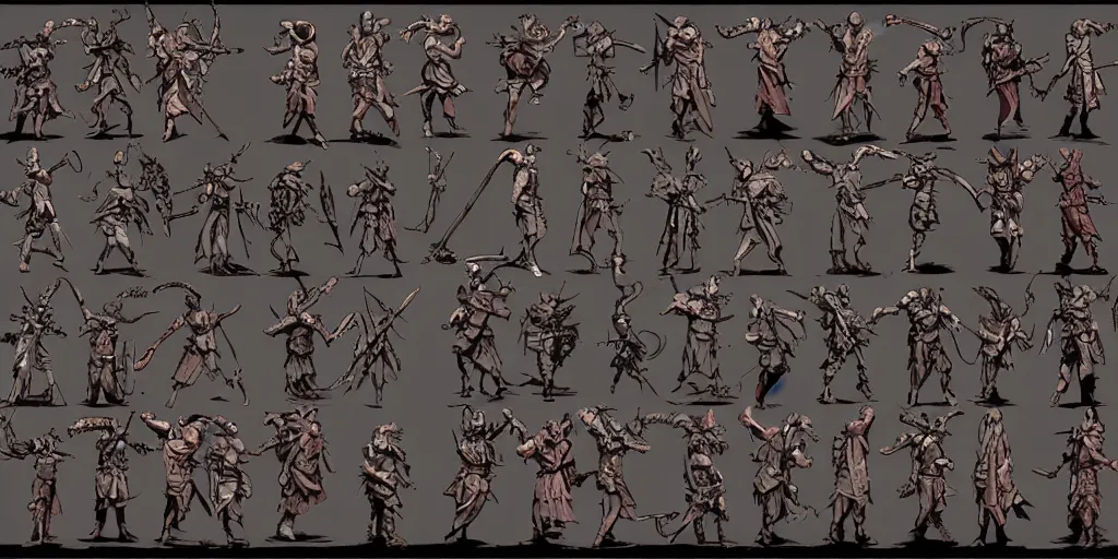 Image similar to warrior enemy character design. idle. attack. sprite sheet, darkest dungeon. pc game. sideview. transparent background. art by moebius and greg rutkowski.