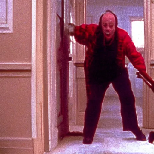 Image similar to here's johnny, breaking through the doo with an axe, in the movie the shining