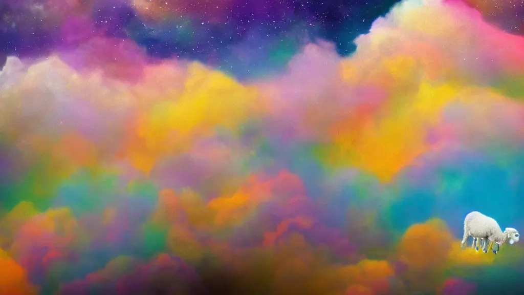 Image similar to portrait of a sheep on a colorful nebulous cloud backdrop