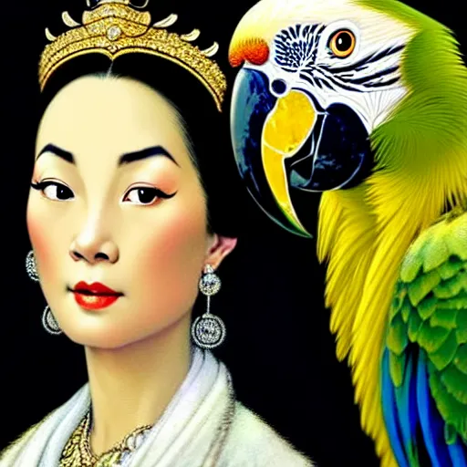 Image similar to close up portrait of the elegantly beautiful, sophisticated, slender rich vietnamese queen and her macaw parrot. intricate eye detail focus, baroque, batik, by norman rockwell, range murata jeremy lipking, trending on pinterest, vivid 8 k, sharp depth of field, pristine global illumination, smooth, 3 d.