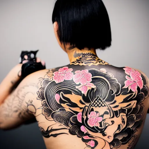 Image similar to photography of the back of a woman with a black detailed irezumi tatto representing a big gold tiger with pink flowers on her entire back, dark hangar background, mid-shot, editorial photography