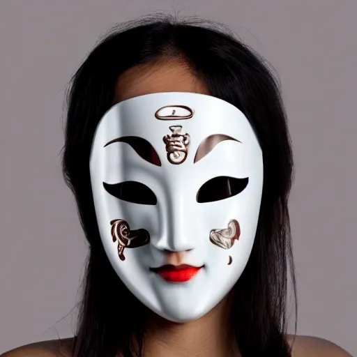 Image similar to an ornate porcelain geisha mask, reflective textures, cyberpunk glow, studio light