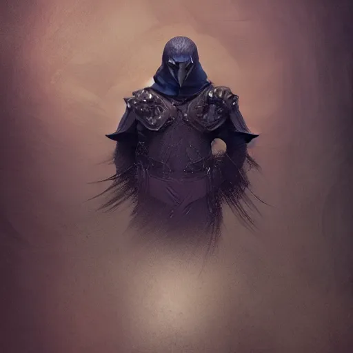 Image similar to self portrait of a raven NPC quest giver. Full body with cloak and body armor, digital art, realistic, ultradetailed, concept art in the style of r/retrofuturism, art by Beksinski and Dariusz Zawadski, trending on artstation, devianart, cgsociety